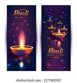 Happy Diwali festival of lights. Retro oil lamp on background night sky, Illustration in vector format. Banners vertical format.