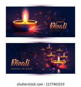 Happy Diwali festival of lights. Retro oil lamp on background night sky, Illustration in vector format. Banners horizontal format.