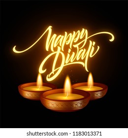 Happy Diwali festival of lights. Retro oil lamp on background night sky. Calligraphy hand lettering text. Vector illustration EPS10