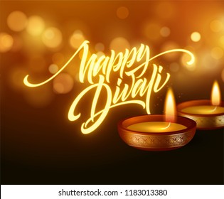 Happy Diwali festival of lights. Retro oil lamp on background night sky. Calligraphy hand lettering text. Vector illustration EPS10