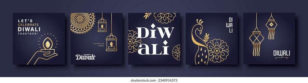 Happy Diwali, festival of lights. Set of black and golden Diwali design for cover, poster, greeting card, invitation and flyer.