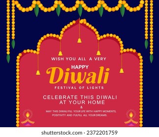 Happy Diwali festival of lights wishes template design with decorative Diya lamp floral garland vector illustration.