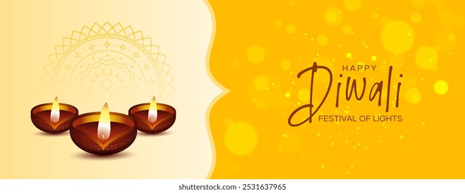 Happy diwali festival of lights yellow banner with diya design