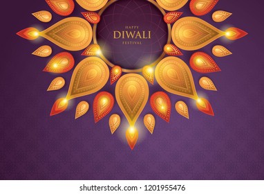 Happy Diwali festival with oil lamp, Diwali holiday Background with diya lamps and rangoli, Symbol of Diwali celebration greeting card, Gold Lanterns,  Hinduism art Style, Paper art vector
