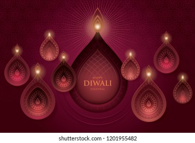 Happy Diwali festival with oil lamp, Diwali holiday Red Background with diya lamps and rangoli, Symbol of Diwali celebration greeting card, Gold Lanterns, Hinduism art Style, Paper art vector Happy Diwali festival with oil lamp, Diwali holiday Red Background with diya lamps and rangoli, Symbol of Diwali celebration greeting card, Gold Lanterns, Hinduism art Style, Paper art vector
