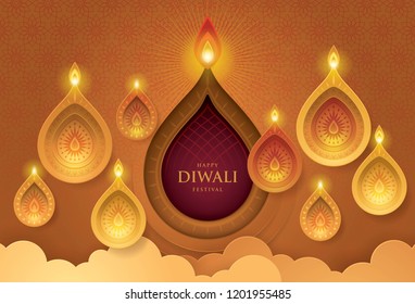 Happy Diwali festival with oil lamp, Diwali holiday Gold Background with diya lamps and rangoli, Symbol of Diwali celebration greeting card, Gold Lanterns, Hinduism art Style, Paper art vector Happy Diwali festival with oil lamp, Diwali holiday Gold Background with diya lamps and rangoli, Symbol of Diwali celebration greeting card, Gold Lanterns, Hinduism art Style, Paper art vector