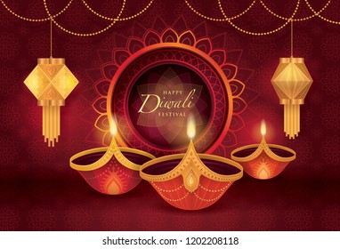 Happy Diwali festival with oil lamp, Diwali holiday Red Background with diya lamps and rangoli, Symbol of Diwali celebration greeting card, Gold Lanterns, Hinduism art Style, Paper art vector Happy Diwali festival with oil lamp, Diwali holiday Red Background with diya lamps and rangoli, Symbol of Diwali celebration greeting card, Gold Lanterns, Hinduism art Style, Paper art vector