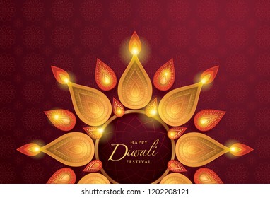Happy Diwali festival with oil lamp, Diwali holiday Red Background with diya lamps and rangoli, Symbol of Diwali celebration greeting card, Gold Lanterns, Hinduism art Style, Paper art vector Happy Diwali festival with oil lamp, Diwali holiday Red Background with diya lamps and rangoli, Symbol of Diwali celebration greeting card, Gold Lanterns, Hinduism art Style, Paper art vector