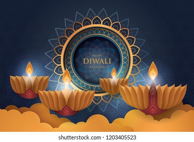 Feliz festival Diwali con lámpara de aceite, fiesta Diwali fondo con lámparas diya y rangoli, símbolo de la celebración Diwali tarjeta de saludo, linternas de oro, estilo de arte hinduista, vector de arte de papel