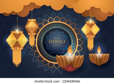 Happy Diwali festival with oil lamp, Diwali holiday Blue Background with diya lamps and rangoli, Symbol of Diwali celebration greeting card, Hanging Gold Lanterns, Hinduism art Style, Paper art vector