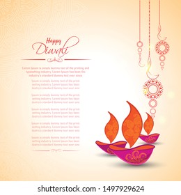 Happy Diwali festival with oil lamp, Diwali holiday Background with rangoli, Diwali celebration greeting card,vector.