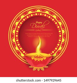Happy Diwali festival with oil lamp, Diwali holiday Background with rangoli, Diwali celebration greeting card,vector.