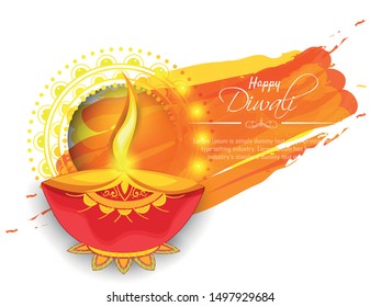 Happy Diwali festival with oil lamp, Diwali holiday Background with rangoli, Diwali celebration greeting card,vector.