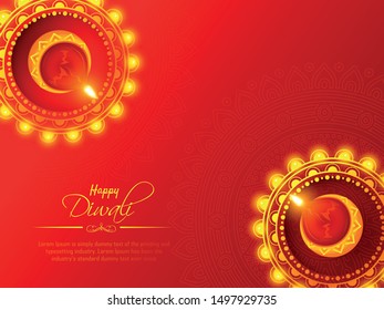 Happy Diwali festival with oil lamp, Diwali holiday Background with rangoli, Diwali celebration greeting card,vector.