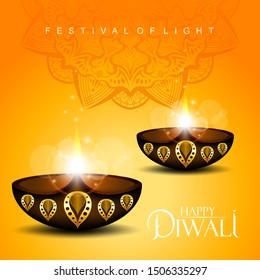 Happy Diwali festival with oil lamp, Diwali holiday Background with rangoli, Diwali celebration greeting card,vector.