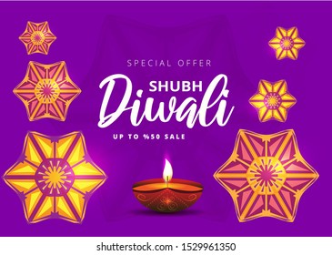 Happy Diwali festival with oil lamp, Diwali holiday Background with diya lamps and rangoli, Symbol of Diwali celebration greeting card, Gold Lanterns, Hinduism art Style, vector illustration.