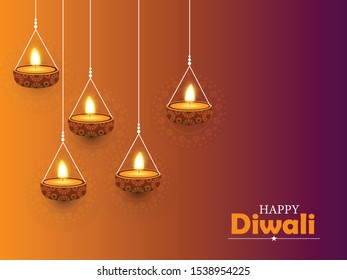 Happy Diwali festival with oil lamp, Diwali holiday Background with rangoli, Diwali celebration greeting card,vector.