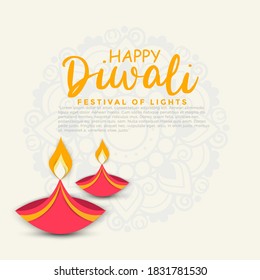 Happy Diwali festival with an oil lamp, Diwali holiday Background with rangoli, Diwali celebration greeting card, vector.