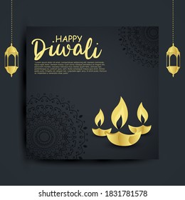 Happy Diwali festival with an oil lamp, Diwali holiday Background with rangoli, Diwali celebration greeting card, vector.