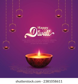 Feliz festival Diwali con lámpara de aceite, fiesta Diwali fondo con rangoli, tarjeta de saludo de la celebración Diwali, vector.