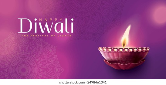 Happy Diwali festival with oil lamp, Rangoli decoration with Diya, Diwali holiday Background with rangoli, Diwali celebration greeting card,vector.