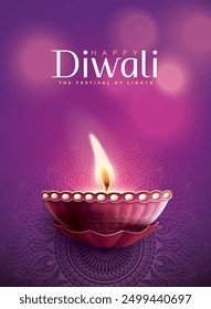 Feliz festival de Diwali con lámpara de aceite, decoración de Rangoli con Diya, fondo de vacaciones de Diwali con rangoli, tarjeta de felicitación de celebración de Diwali, Vector.