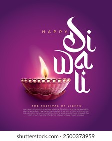 Feliz festival de Diwali con lámpara de aceite, decoración de Rangoli con Diya, fondo de vacaciones de Diwali con rangoli, tarjeta de felicitación de celebración de Diwali, Vector.