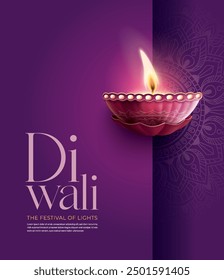 Happy Diwali festival with oil lamp, Rangoli decoration with Diya, Diwali holiday Background with rangoli, Diwali celebration greeting card,vector.