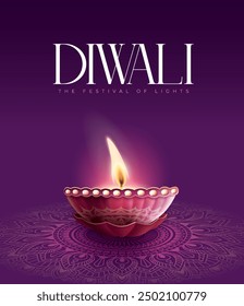 Feliz festival de Diwali con lámpara de aceite, decoración de Rangoli con Diya, fondo de vacaciones de Diwali con rangoli, tarjeta de felicitación de celebración de Diwali, Vector.