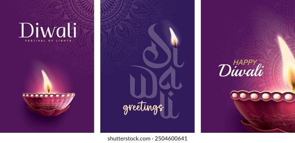 Happy Diwali festival with oil lamp, Rangoli decoration with Diya, Diwali holiday Background with rangoli, Diwali celebration greeting card,vector.