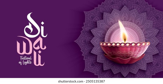 Happy Diwali festival with oil lamp, Rangoli decoration with Diya, Diwali holiday Background with rangoli, Diwali celebration greeting card,vector.