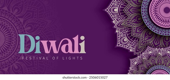 Happy Diwali festival with oil lamp, Rangoli decoration with Diya, Diwali holiday Background with rangoli, Diwali celebration greeting card,vector.