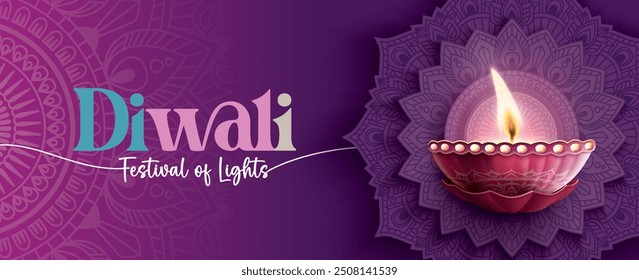 Happy Diwali festival with oil lamp, Rangoli decoration with Diya, Diwali holiday Background with rangoli, Diwali celebration greeting card,vector.