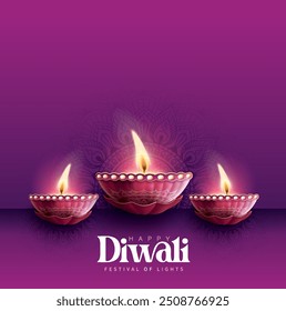 Happy Diwali festival with oil lamp, Rangoli decoration with Diya, Diwali holiday Background with rangoli, Diwali celebration greeting card,vector.