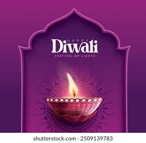 Feliz Diwali festival com lâmpada de óleo, decoração Rangoli com Diya, Diwali feriado Fundo com rangoli, Diwali celebração cartão de saudação, vetor.