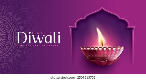 Fröhliches Diwali Festival mit Öllampe, Rangoli Dekoration mit Diya, Diwali Feiertag Hintergrund mit Rangoli, Diwali Feier Grußkarte, Vektor.