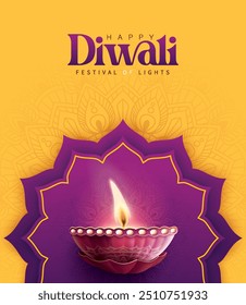 Happy Diwali festival with oil lamp, Rangoli decoration with Diya, Diwali holiday Background with rangoli, Diwali celebration greeting card,vector.