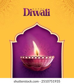 Feliz festival de Diwali con lámpara de aceite, decoración de Rangoli con Diya, fondo de vacaciones de Diwali con rangoli, tarjeta de felicitación de celebración de Diwali, Vector.