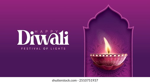 Happy Diwali festival with oil lamp, Rangoli decoration with Diya, Diwali holiday Background with rangoli, Diwali celebration greeting card,vector.