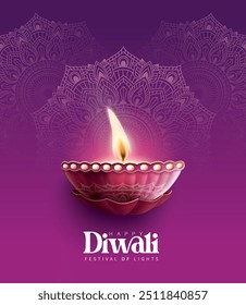 Feliz festival de Diwali con lámpara de aceite, decoración de Rangoli con Diya, fondo de vacaciones de Diwali con rangoli, tarjeta de felicitación de celebración de Diwali, Vector.