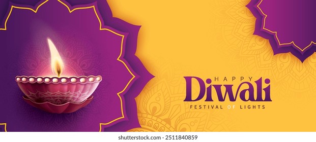 Feliz Diwali festival com lâmpada de óleo, decoração Rangoli com Diya, Diwali feriado Fundo com rangoli, Diwali celebração cartão de saudação, vetor.