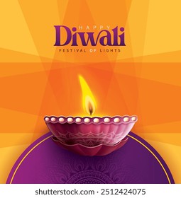 Happy Diwali festival with oil lamp, Rangoli decoration with Diya, Diwali holiday Background with rangoli, Diwali celebration greeting card,vector.