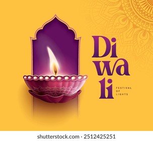 Feliz Diwali festival com lâmpada de óleo, decoração Rangoli com Diya, Diwali feriado Fundo com rangoli, Diwali celebração cartão de saudação, vetor. Di wa li traduzir: diwali