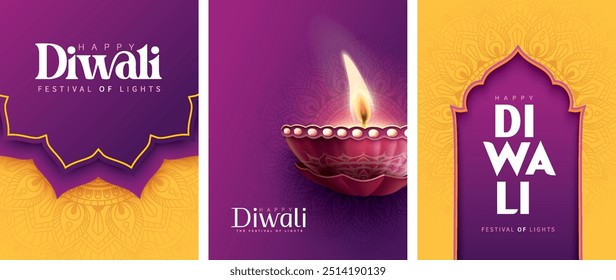 Feliz Diwali festival com lâmpada de óleo, decoração Rangoli com Diya, Diwali feriado Fundo com rangoli, Diwali celebração cartão de saudação, vetor. Di wa li traduzir: diwali