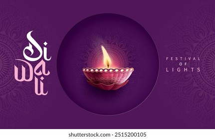 Feliz Diwali festival com lâmpada de óleo, decoração Rangoli com Diya, Diwali feriado Fundo com rangoli, Diwali celebração cartão de saudação, vetor. Di wa li traduzir: diwali