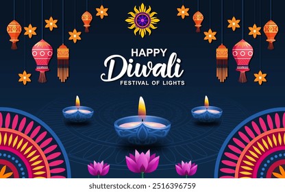 Happy Diwali festival with oil lamp, Rangoli decoration with Diya, Happy Diwali Indian festival background with Diya decoration. Vector illustration.