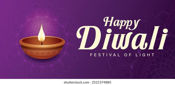 Happy Diwali festival with oil lamp, Rangoli decoration with Diya, Diwali holiday Background with rangoli, Diwali celebration greeting card, vector.