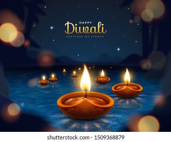 Happy Diwali festival with oil lamps on bokeh starry night background