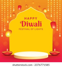 happy diwali festival sale podium design with decorative frame and pink light effect background