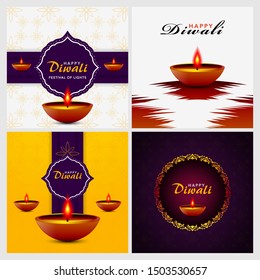 Happy diwali festival, Set template elegant vector for flyers, posters, banners, brochure, greeting cards, backgrounds. Beautiful design with paper cut style of Indian.